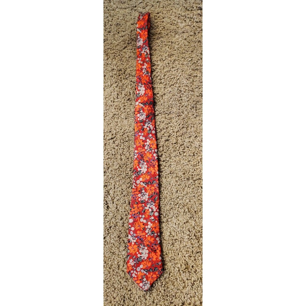 VTG Yves Saint Laurent Mens Silk Tie Red Orange Floral Berry Botanical YSL